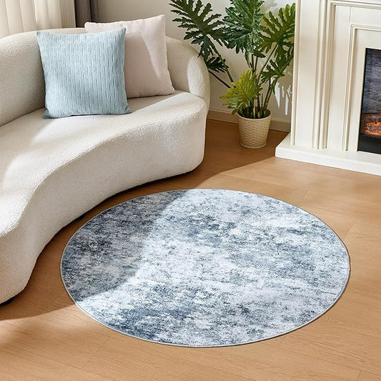 WITSHOCK 6ft Round Area Rug for Living Room: 6x6 Washable Neutral Modern Abstract Soft Thin Rug Indoor Floor No Slip Rug Carpet for Bedroom Under Dining Table Home Office Decor (Blue)