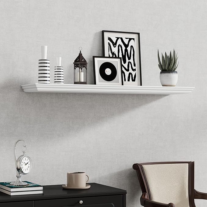 Fun Memories Floating Shelves 40 Inch Long, 9.3 Inch Deep Classic Crown Molding Floating Shelves for Wall, Rustic Wooden Shelves for Wall Decor Bathroom, Kitchen, Office, (White, 1Pack)