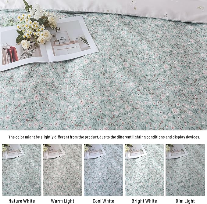 HoneiLife Cotton Floral Duvet Cover Sets, Light Green with Zipper Closure & Corner Ties, 3-Piece Soft & Breathable Comforter Covers Queen Size