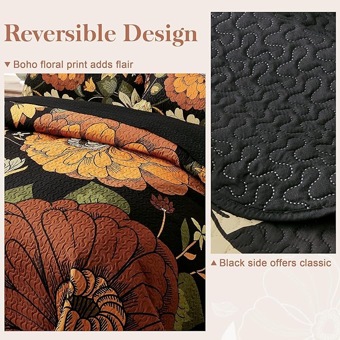 2 Piece Black Boho Floral Twin Size Quilt Sets Farmhouse Botanical Reversible Lightweight Bedspread Coverlet with 1 Sham Mid Century Microfiber Bedding Quilts Set for All Season, 68''x86''
