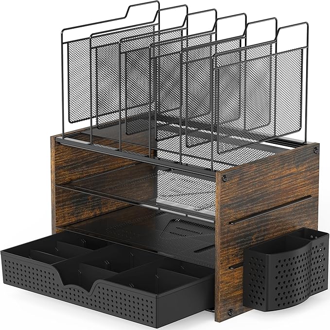 Simple Houseware Mesh Desk Organizer with Wooden Side Board and Metal Bars, 3 Shelves and 5 Upright Sections, Rustic Brown
