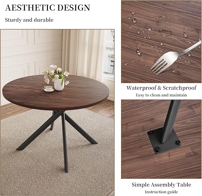 HIPIHOM 45.3 Inch Modern Round Dining Table for 4, Space-Saving Dinette with Carbon Steel Legs for Home Kitchen Apartment(Dark Walnut Table)