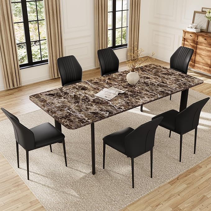 Extendable Dining Table Set for 6-8 People, 63 to 78.7 Inch MDF Kitchen Table with 6 Upholstered Chairs, Space-Saving for Dining Room, Breakfast Nook (Brown Table & 6 Black Chairs)