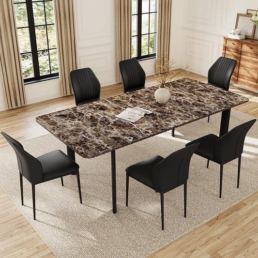 Extendable Dining Table Set for 6-8 People, 63 to 78.7 Inch MDF Kitchen Table with 6 Upholstered Chairs, Space-Saving for Dining Room, Breakfast Nook (Brown Table & 6 Black Chairs)