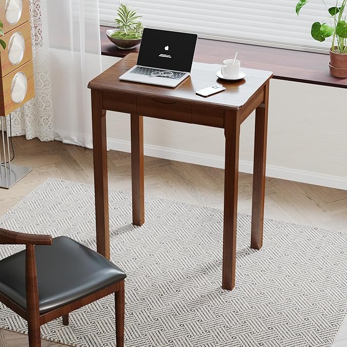 Solid Wooden Desk with Drawers - 24 x 16 Inch Narrow Desks, Rubberwood Mid Century Modern Desks, Small Writing Desk for Bedroom|Small Spaces - Walnut Color