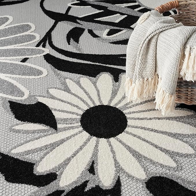 Nourison Home Aloha Black White 9' x 12' Area Rug - Easy Clean, Non Shedding, Bed Room, Living Room, Dining Room, Kitchen (9' x 12')