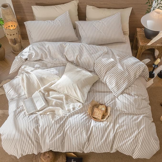 MooMee Striped Duvet Cover Set 100% Washed Cotton Linen Like Textured Breathable Durable Soft Comfy (Tannish Linen Grey White Classic Stripes, Super King 108"x98")