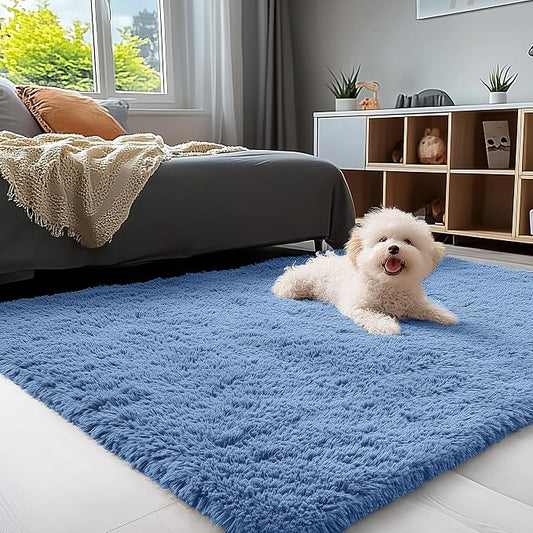 OLANLY 3x5 Machine Washable Small Bedside Rug, Soft Fluffy Shaggy Rugs for Living Room, Bedroom, Indoor Floor Carpet for Kids Girls and Boys, Preppy Dorms, Nursery, Home Decor Aesthetic, Blue