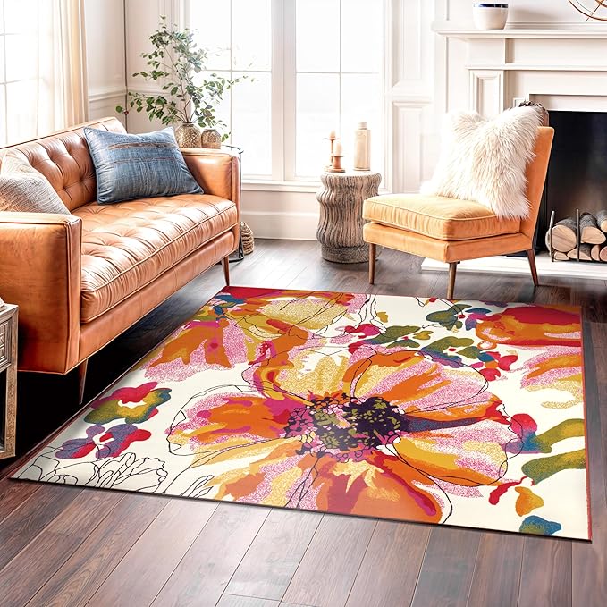 Rugshop Multi Bright Flowers Non Slip Non-Shedding Square Area Rug for Dining Room, Living Room and Bedroom, 6'6" x 6'6"
