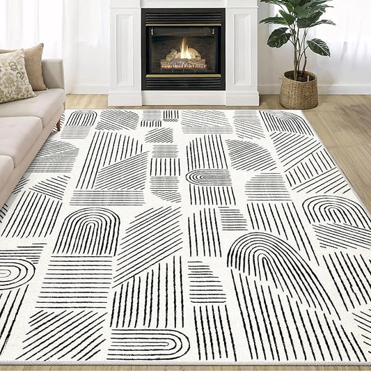 MUJOO 5x7 Washable Area Rug,Mid Century Modern Abstract Non Slip Low Pile Rug,White and Black Rug for Living Room Bedroom Dining Room