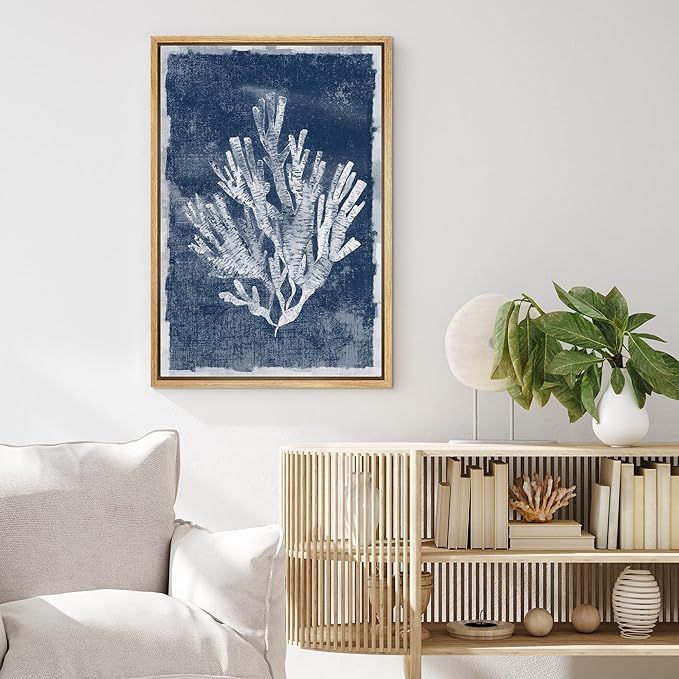MUDECOR Framed Canvas Print Wall Art Faded White Underwater Coral Nature Wilderness Illustrations Modern Art Nautical Relax/Calm Blue Ultra for Living Room, Bedroom, Office - 16"x24" Natural
