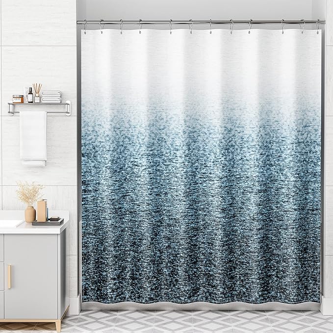 AmazerBath Shower Curtain Blue, Washable Cloth Ombre Shower Curtain Sets with 12 Metal Shower Curtain Hooks, Rustic Waterproof Dark Sea Blue Farmhouse Shower Curtains for Bathroom Decor, 72x72 Inches