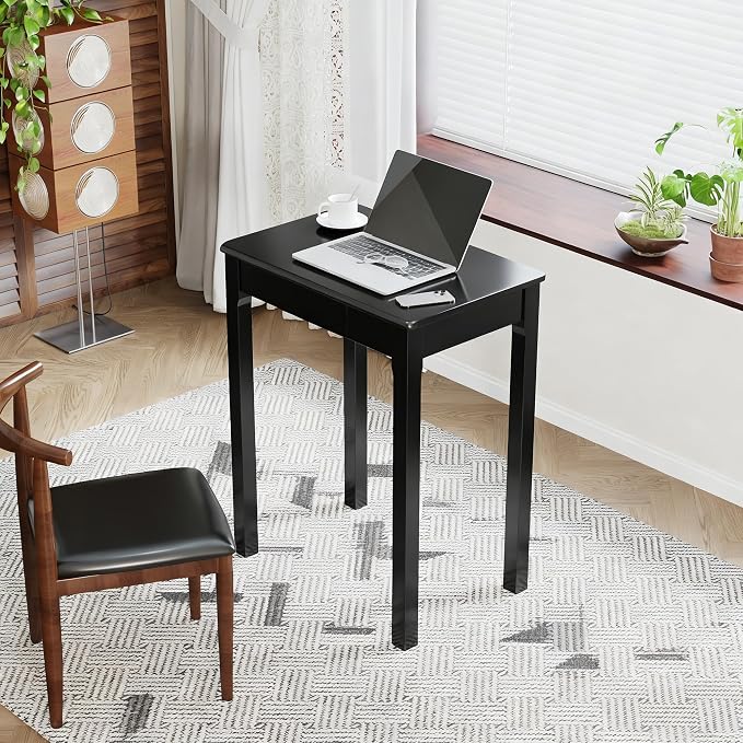 Solid Wood Desk with Drawers - 24 x 16 Inch Simple Narrow Desks, Rubber Wood Study Table, Small Writing Desk for Small Spaces|Bedroom - Modern Black Desks