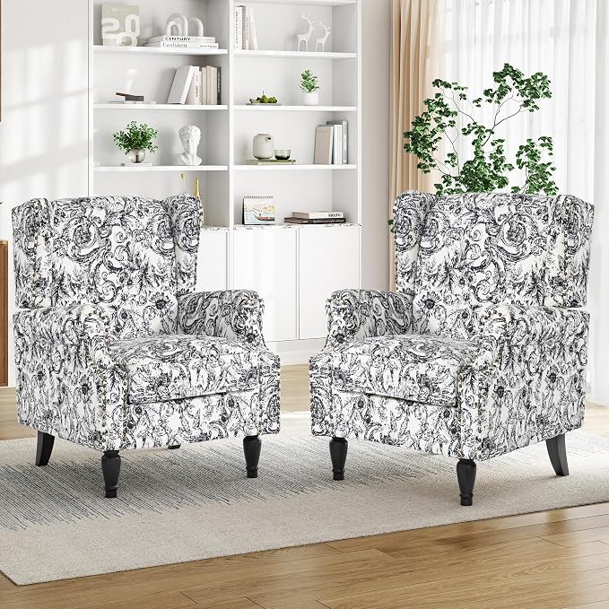 Pia Ricco High Back Floral Accent Chair - Retro Wingback Upholstered Armchair with Nailhead Trim, Solid Wood Legs, Fabric Living Room Bedroom Reading Chair (Rococo Black)