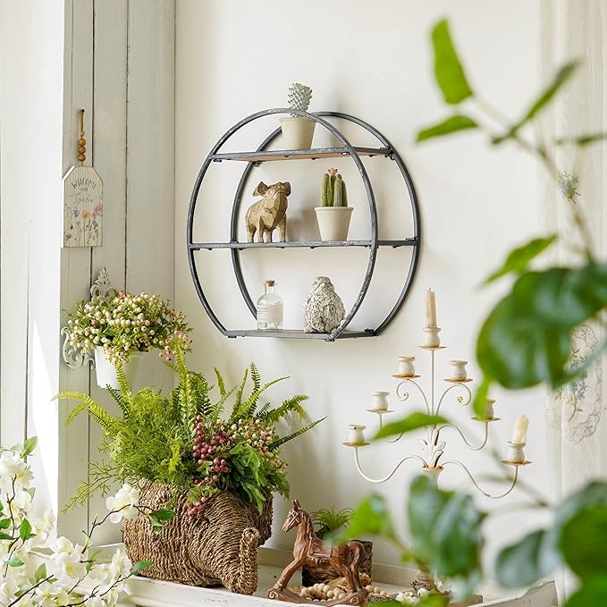 Industrial Style Semi-Circle Shaped Wall Shelves, 3 Tier Decorative Floating Ledge Shelves, Wall Mounted Metal Bracket Wooden Display Hanging Shelf