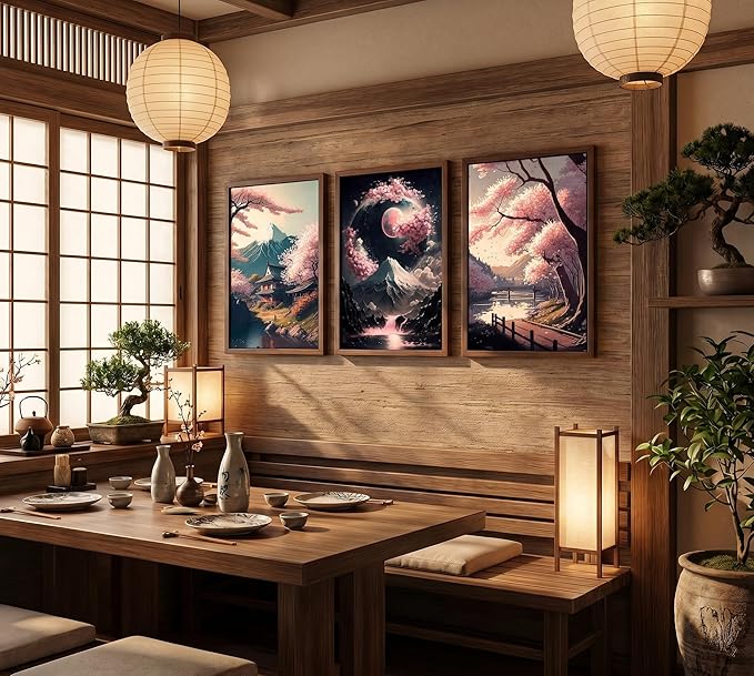 3Pcs Japanese Canvas Wall Art Cherry Blossom Lake Landscape Posters Prints Japan Mount Fuji Wall Decor Pictures for Living Room Bedroom Home Decoration Unframed