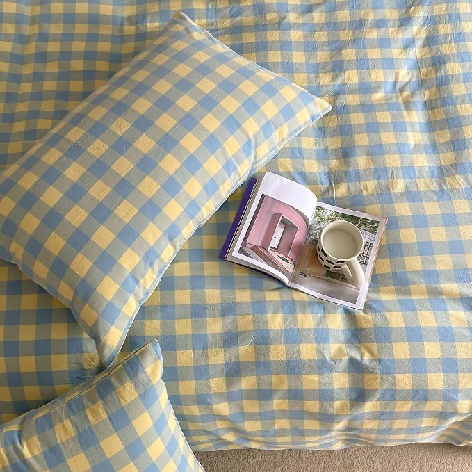 mixinni Yellow Blue Green Checkered Duvet Cover Set - Full Size, 3-Piece 100% Cotton Bedding Set, Soft & Breathable Geometric Plaid Comforter Cover with Zipper for All Seasons