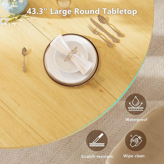 Einhomn 59" Extendable Round Dining Table for 6-8, Kitchen Table with Sturdy Double Arc Base & Backboard Clasp Desktop, Mid-Century Modern Dinner Table, Kitchen Dining Room, Space Saving, Natrual