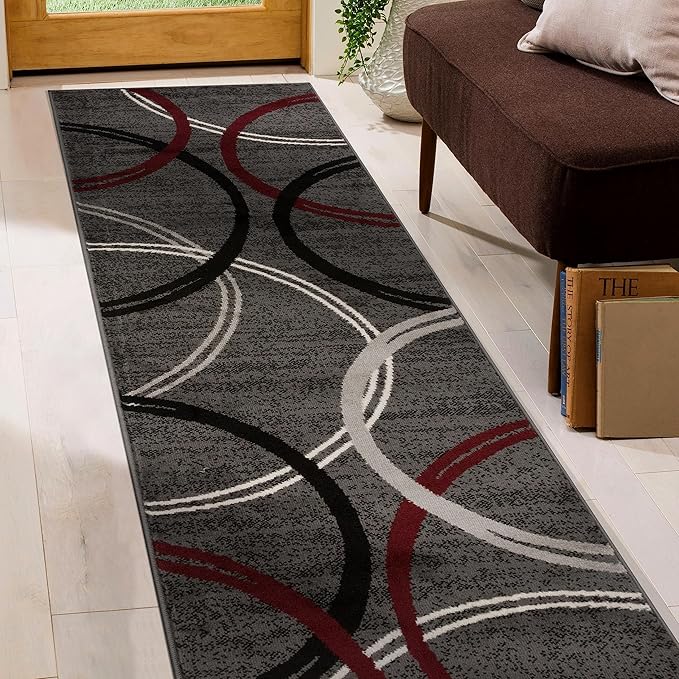 Rugshop Modern Wavy Circles Design Non-Shedding Runner Rug, Carpet for Hallway or Kitchen, Red, 2' x 10'