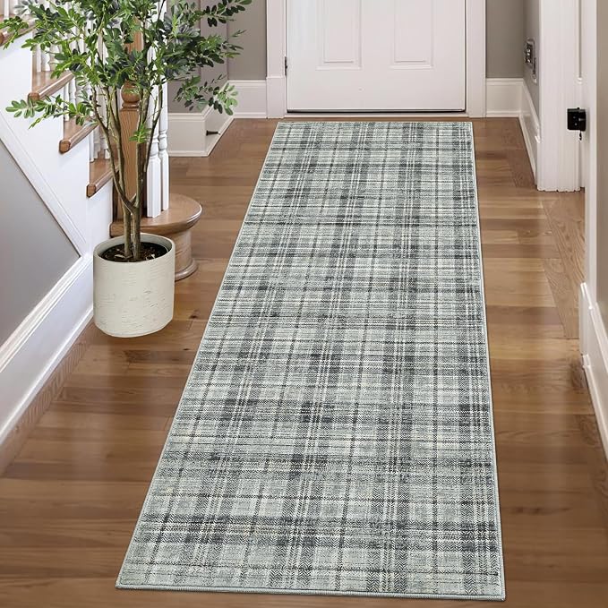 2x10 Runners for Hallway Non Slip Washable Kitchen Rugs, Farmhouse Tartan Plaid Area Rug Soft Low Pile Stain Resistant Indoor Carpet Runners for Entryways, Living Room