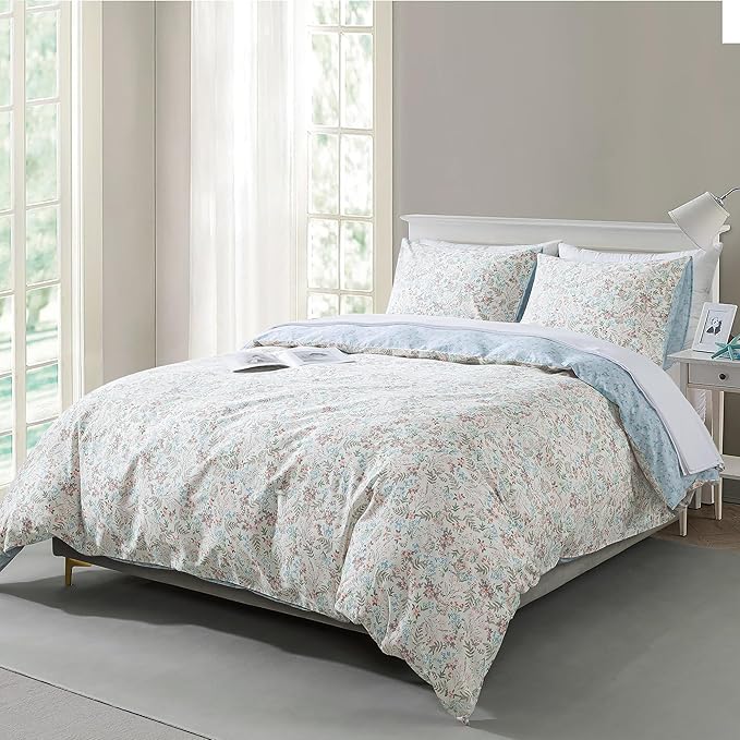 HoneiLife Wildflower Duvet Cover Queen - 100% Cotton Comforter Cover Sets, 3-PC Comfortable Floral Bedlinen Set, Botanical Duvet Cover with Zipper Closure & Corner Ties