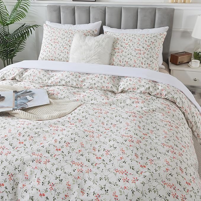 HoneiLife Duvet Dover King Size - 100% Cotton Comforter Cover Floral Duvet Cover Sets, Breathable Duvet Cover with Zipper Closure & Corner Ties, 3-PC Wildflower Comforter Cover Sets, Red Bean