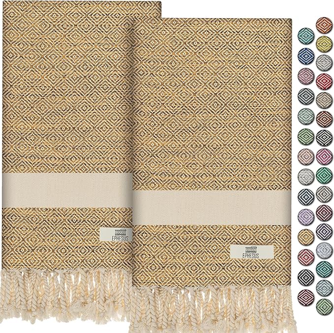 Hand Towels - Set of 2 | 18" x 30" - Decorative Turkish Hand Towel for Bathroom, Kitchen, Guest, Face, Hair, Tea, Dishcloth (Diamond, Mustard)