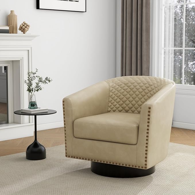 UIXE Faux Leather Swivel Barrel Accent Chair, Upholstered Round Armchair Club Chair for Living Room, Comfy Single Sofa Bedroom Reading Seat - Beige Cream
