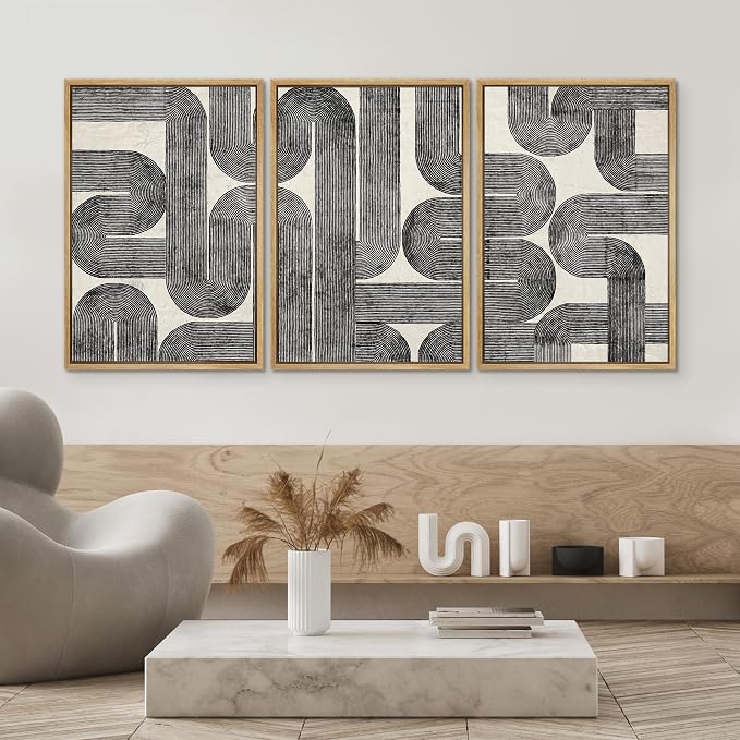 SIGNWIN Framed Canvas Print Wall Art Set Black and White Geometric Line Abstract Illustrations Modern Art Decorative Chic Calm/Zen for Living Room, Bedroom, Office - 16"x24"x3 NATURAL