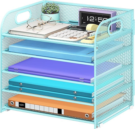 5 Tier Paper Organizer with Handle, Blue Metal Mesh Desk Organizer File Folder Paper Letter Tray Desktop Document Sorter for Classroom, School, Office Accessories Organization and Storage