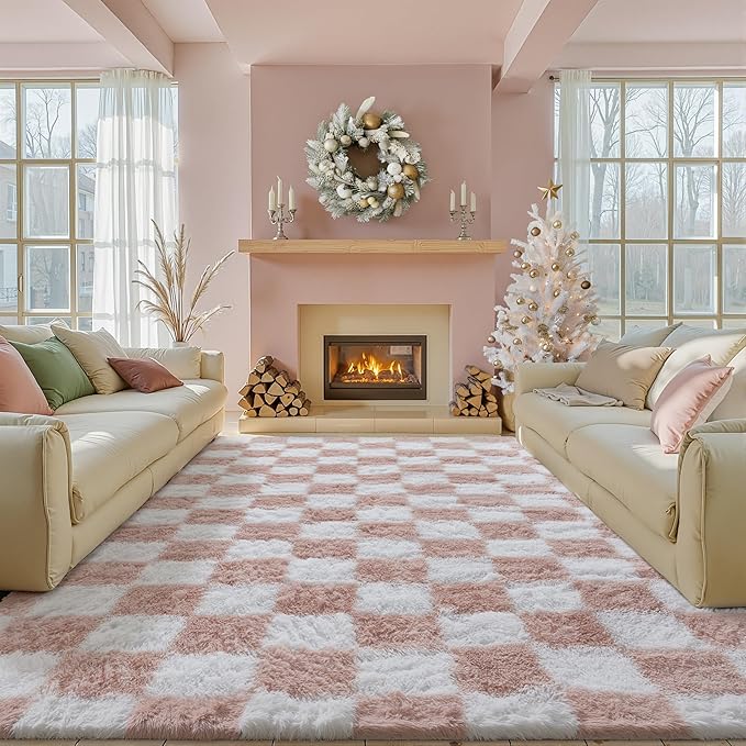 Checkered Rug 8x10 for Living Room, Pink and White Modern Shag Rug Washable Non-Slip Large Area Rug Super Soft Indoor Fuzzy Carpet Fluffy Rugs for Bedroom Home Aesthetic Decor