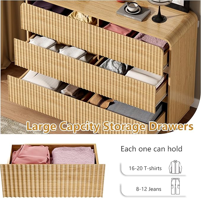Oak Dresser Fluted 6 Drawers Dresser for Bedroom, 47" Wide Wood Chest of Drawers with Hidden Handles & Rounded Corners, Modern TV Stand Storage Cabinet for Living Room, Hallway, Entryway