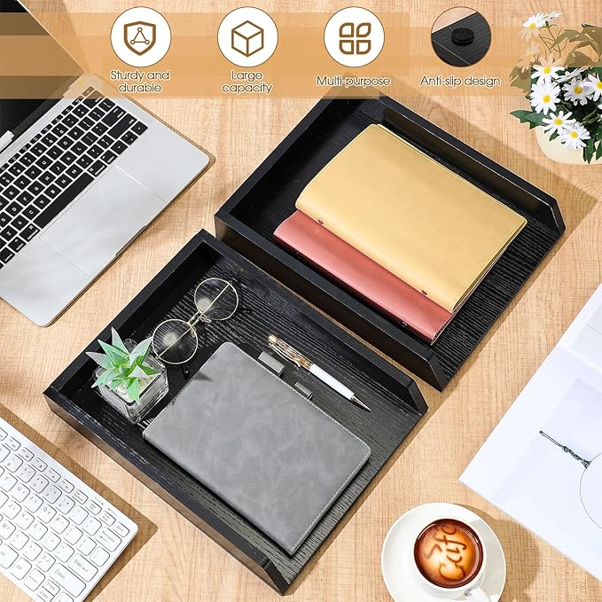 4 Pcs Wooden Letter Trays Wood Letter-Size Desk Organizer Heavy Duty 2 Tier Stackable Supports Paper Tray Desktop Drawer Organizer File Folder Magazine Office Accessories (Black)