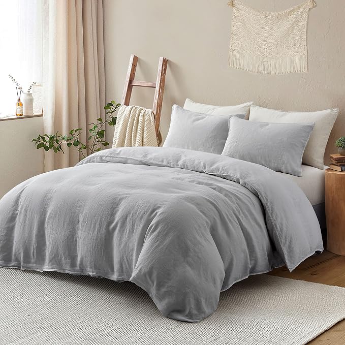 ATLINIA 100% Flax Linen Duvet Cover Set - Stone Washed Pure French Linen Organic Fabric for Farmhouse Comforter Boho Bedding Included 1 Duvet Cover 2 Pillow Shams(Light Grey, King)