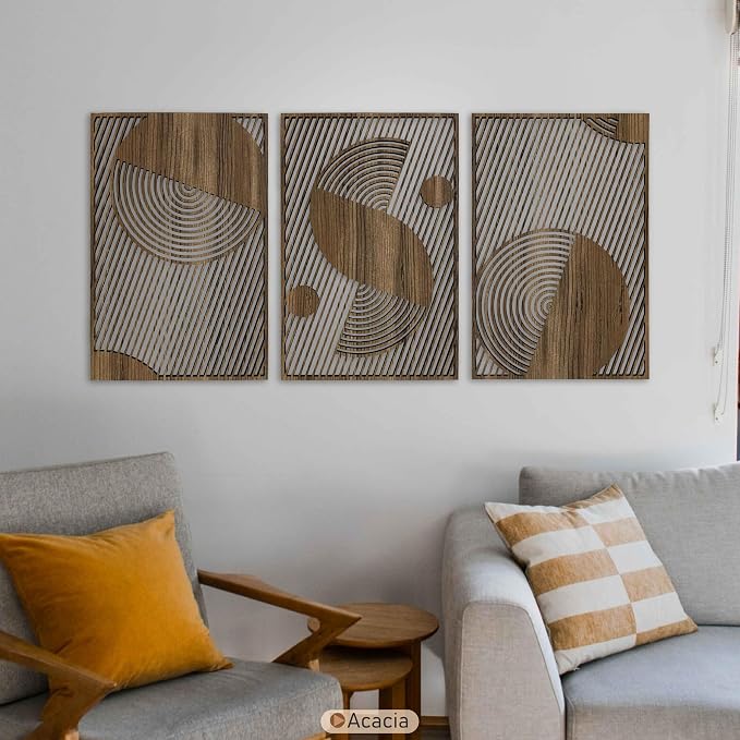 Mid Century Modern Wood Wall Art, Extra Large Geometric Boho Wooden Decor, Abstract Diagonal Circle Panels, Designer Housewarming Gift for Living Room and Bedroom