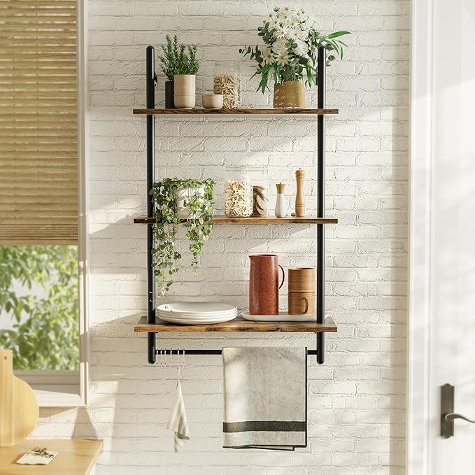 Bestier 3 Tier Industrial Pipe Shelving, Floating Kitchen Shelves for Wall, Storage Coffee Bar Hanging Shelves with Towel Bar for Kitchen Living Room Bathroom Organizer Bedroom, 24 Inch Rustic Brown