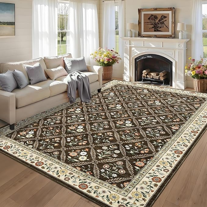 GarveeHome 6x9 Machine Washable Area Rugs for Living Room Floral Stain Resistant Soft Carpet Vintage Low Pile Non Slip Non-Shedding Floor Carpet Rugs for Bedroom Nursery Brown