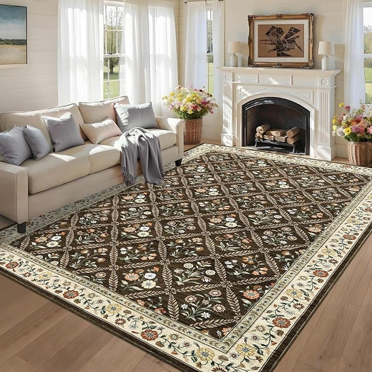 GarveeHome Floral 9x12 Area Rugs for Living Room Bedroom, Soft Washable Rugs 9x12 Stain Resistant, Ultra-Thin Non-Slip Dining Room Rug Non-Shedding Accent Carpet for Office Brown Natural