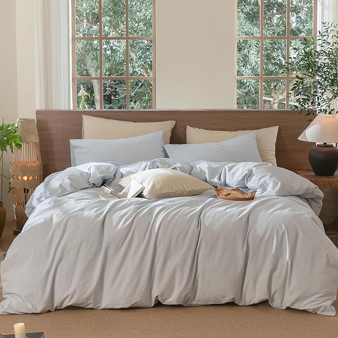 MooMee Striped Duvet Cover Set 100% Washed Cotton Linen Like Textured Breathable Durable Soft Comfy (Cornflower Blue White Pinstripes, Queen 90"x90")