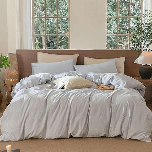 MooMee Striped Duvet Cover Set 100% Washed Cotton Linen Like Textured Breathable Durable Soft Comfy (Cornflower Blue White Pinstripes, Queen 90"x90")