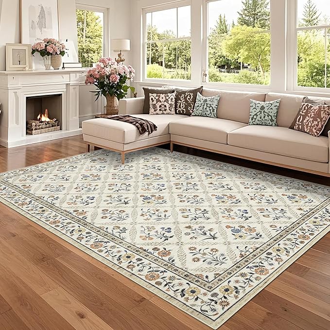 GarveeHome Floral 9x12 Area Rugs for Living Room Bedroom, Soft Washable Rugs 9x12 Stain Resistant, Ultra-Thin Non-Slip Dining Room Rug Non-Shedding Accent Carpet for Office Beige Sand
