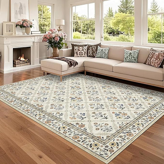 GarveeHome Floral 9x12 Area Rugs for Living Room Bedroom, Soft Washable Rugs 9x12 Stain Resistant, Ultra-Thin Non-Slip Dining Room Rug Non-Shedding Accent Carpet for Office Beige Sand