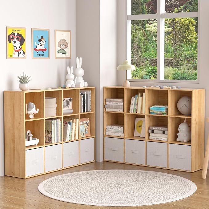 Wooden 12 Cube Storage Organizer with Closed Back Panel,Natural Oak Cube Shelf Cubby Storage Organizer with Compartments for Living,Bookshelf, Easy to Install (Oak, 12-Cube-11in)
