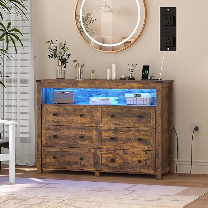 Brown Dresser 6 Drawer Dressers for Bedroom with LED Lights, Charging Station, Wood Chest of Drawers with Metal Handles, Modern TV Stand Storage Cabinet for Living Room, Hallway, Entryway