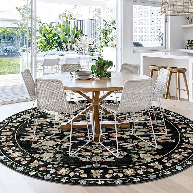 MUJOO Round Rugs 6ft,Black Circle Area Rug Washable,Circular Rugs for Living Room Bedroom,Large Boho Non Slip Throw Carpet Vintage Floral