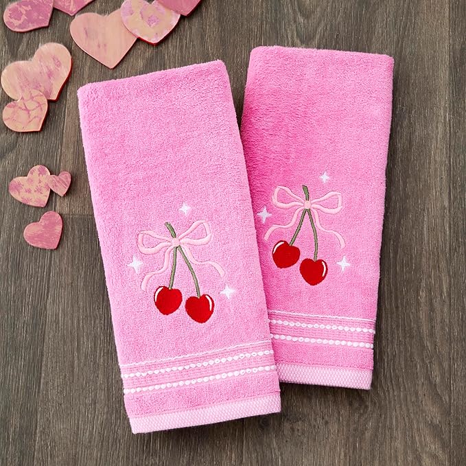 SKL Home Valentine's Day Cherry Hearts 100% Cotton Embroidered 2pc Hand Towel Set, Decorative for Bath/Kitchen/Bar & Gift, Pink
