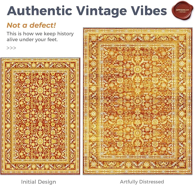 OPPODREAM Vintage Orange Area Rugs 8x10, 8 x 10 Retro Washable Rug Non Slip, Low-Pile Faux Wool Carpet, Distressed Floor Mat for Living Room, Bedroom, Office, Dorm, Dinning Room, Big & Large