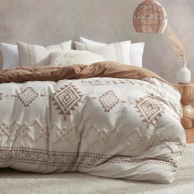 Oli Anderson Boho Duvet Cover Set Twin Size, Beige and Terracotta Color Clash 2 Pieces Microfiber Bedding Set, Durable and Super Soft Duvet Covers with Zipper and Ties, 68"*90"