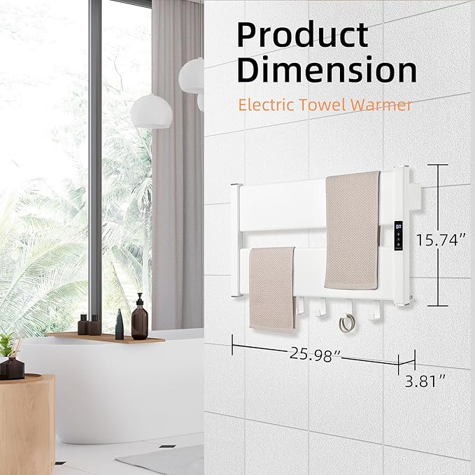 K&KALONZO Smart Electric Towel Warmer with 3-Level Timer & Temp Control, 2H Rapid Dry Aerospace Aluminum Heated Towel Rack, Hardwired/Plug-in Wall Mounted Towel Heater with 4 Hooks, White,H2-W