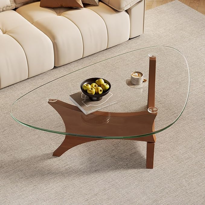 Glass Coffee Table Mid-Century Modern Coffee Table for Living Room Center Table Suitable for Bedroom Living Room Reception Office Tables（Walnut/Transparent，Medium）
